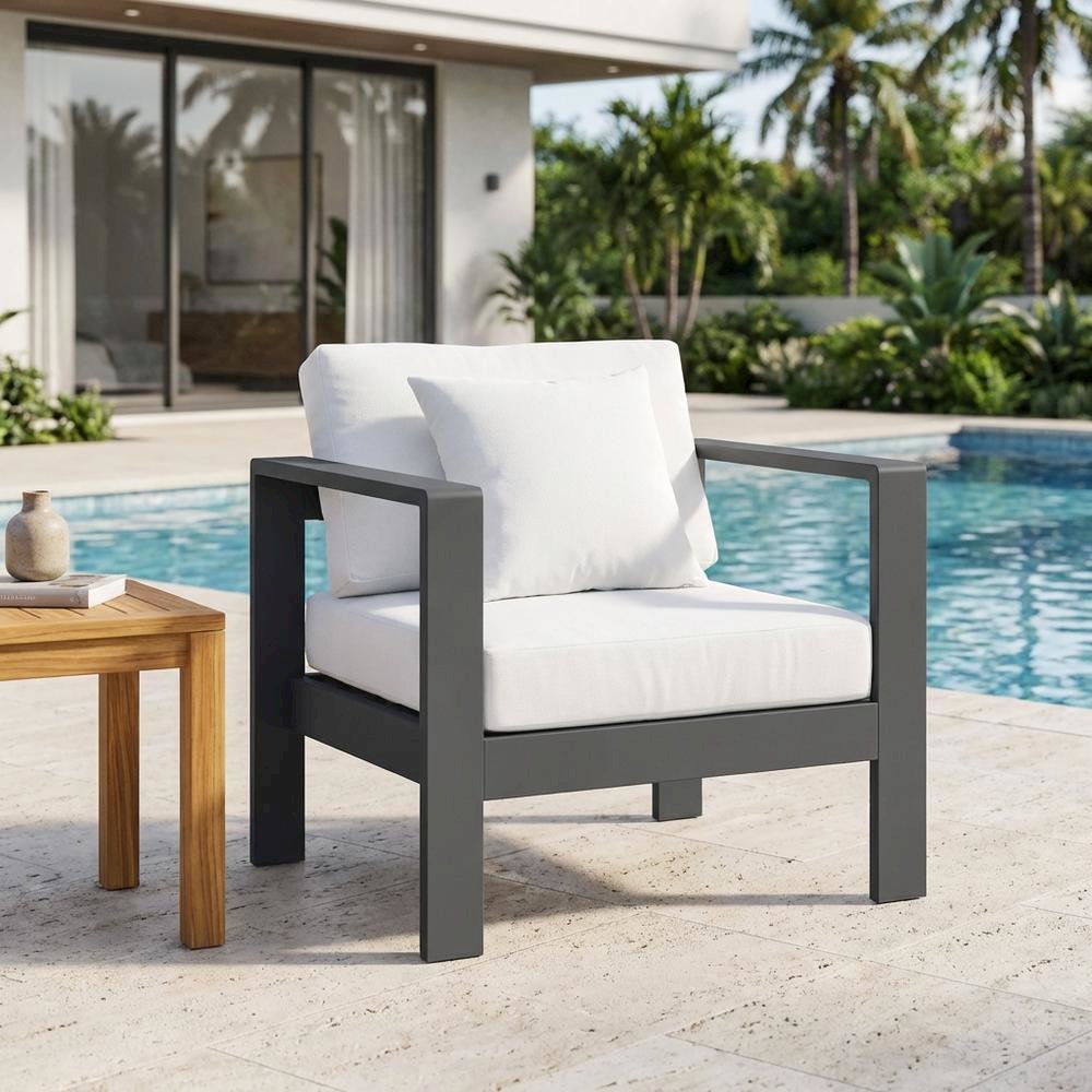 White Fabric Outdoor Patio Aluminum Arm Chair With Contemporary Style