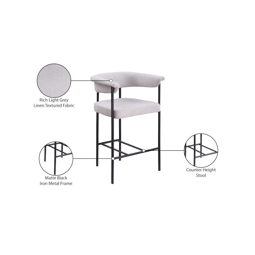 Malin Grey Linen Textured Fabric Counter Stool, Set of 2