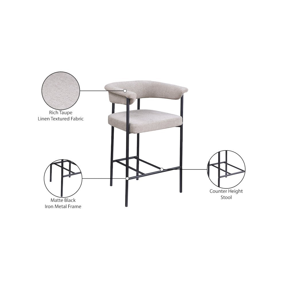 Malin Taupe Linen Textured Fabric Counter Stool, Set of 2