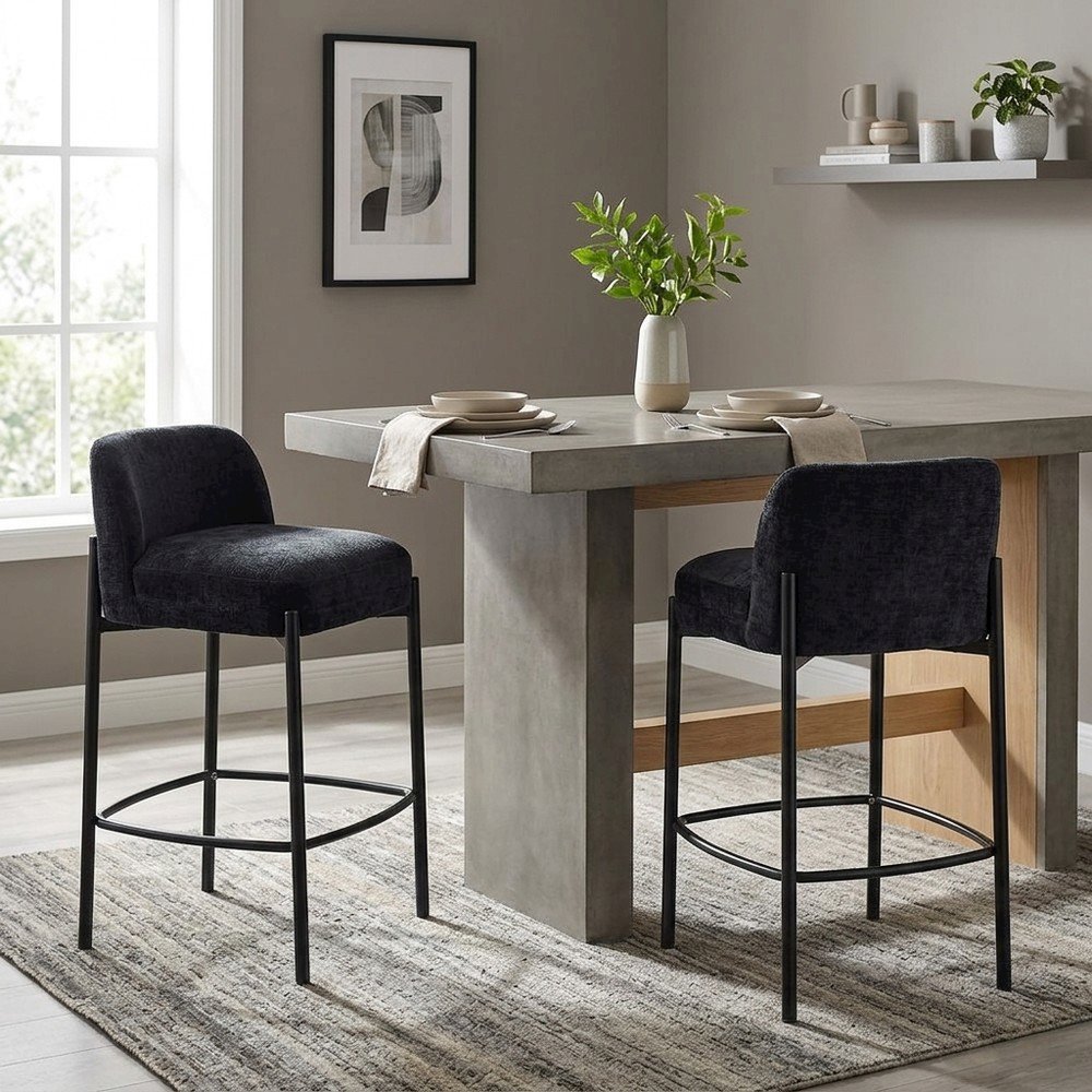 Counter Height Bar Stools with Back, Set of 2, Black Chenille Fabric