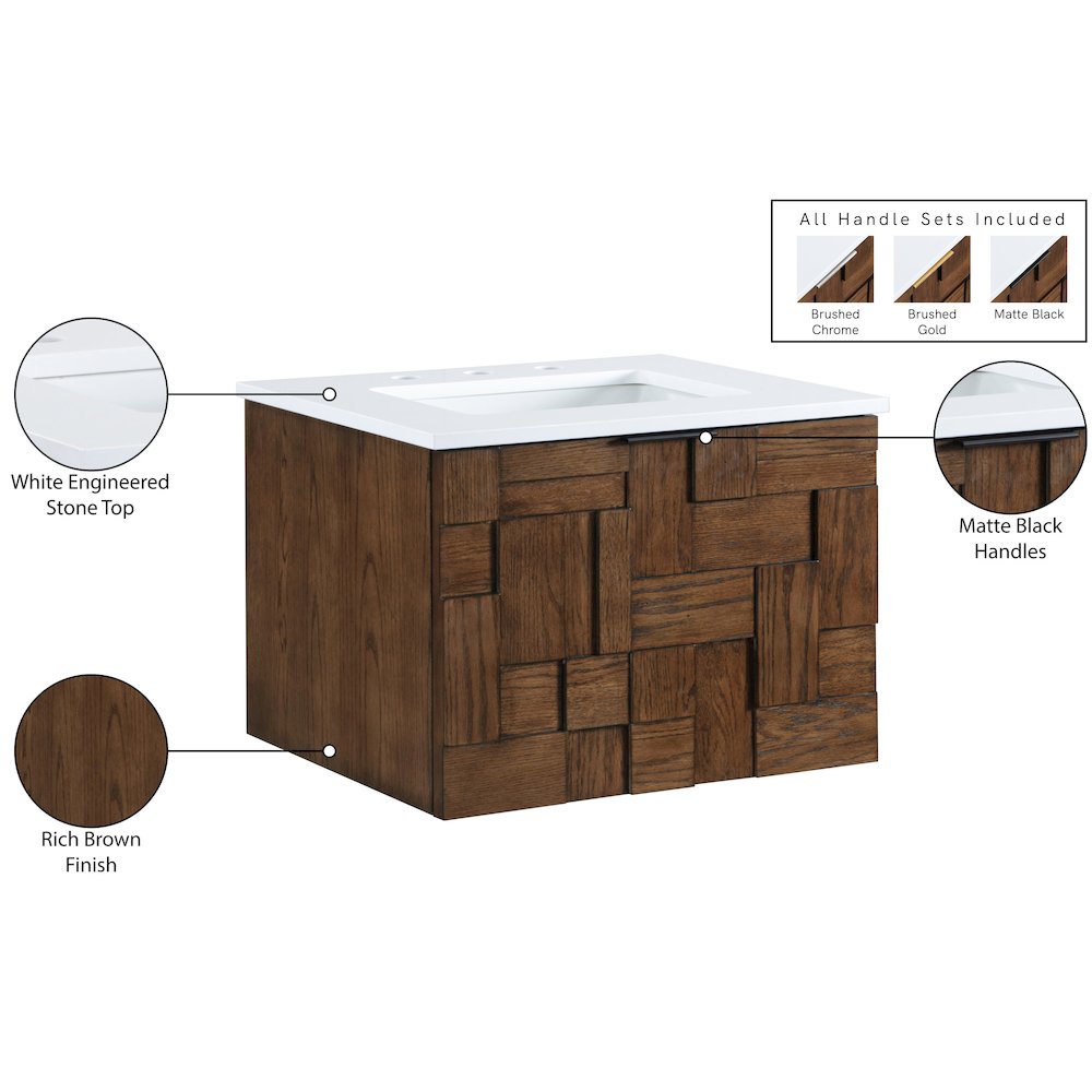 Leonardo 24" Brown Engineered Stone And Solid Wood Wall Mounted Bathroom Vanity