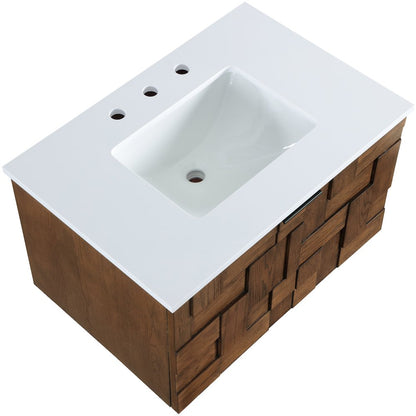 Leonardo 30" Brown Engineered Stone And Solid Wood Wall Mounted Bathroom Vanity
