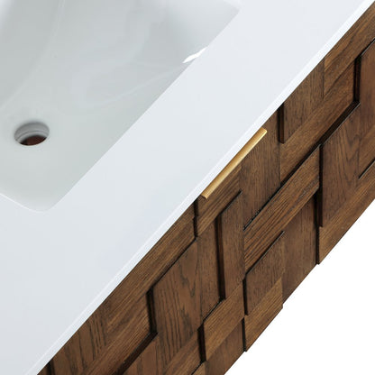 Leonardo 30" Brown Engineered Stone And Solid Wood Wall Mounted Bathroom Vanity