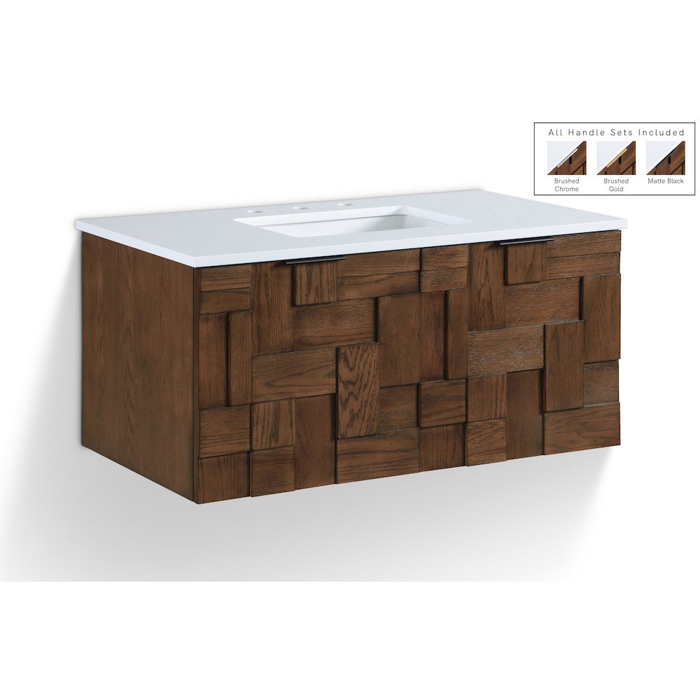 Leonardo 36" Brown Engineered Stone And Solid Wood Wall Mounted Bathroom Vanity