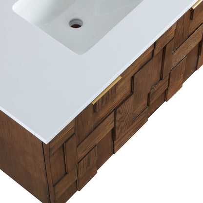 Leonardo 36" Brown Engineered Stone And Solid Wood Wall Mounted Bathroom Vanity