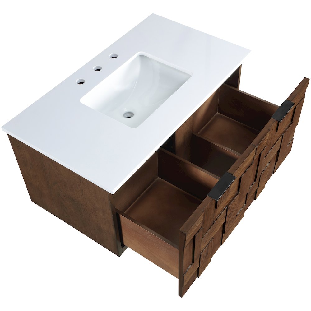 Leonardo 36" Brown Engineered Stone And Solid Wood Wall Mounted Bathroom Vanity