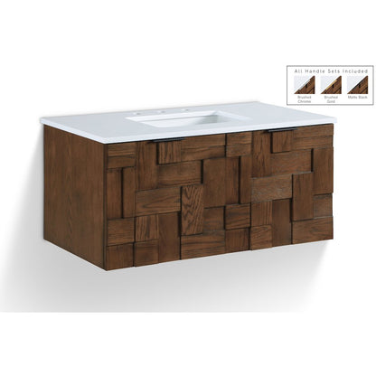 Leonardo 36" Brown Engineered Stone And Solid Wood Wall Mounted Bathroom Vanity