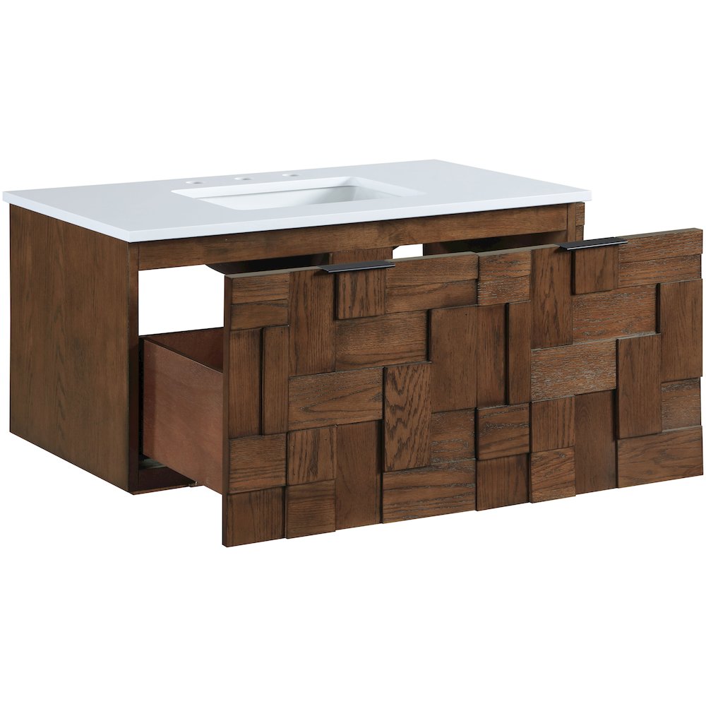 Leonardo 36" Brown Engineered Stone And Solid Wood Wall Mounted Bathroom Vanity
