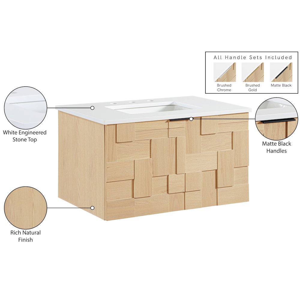 Leonardo 30" Natural Engineered Stone And Wood Wall Mounted Bathroom Vanity