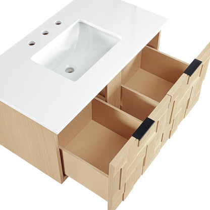 Leonardo 36" Natural Engineered Stone And Wood Wall Mounted Bathroom Vanity