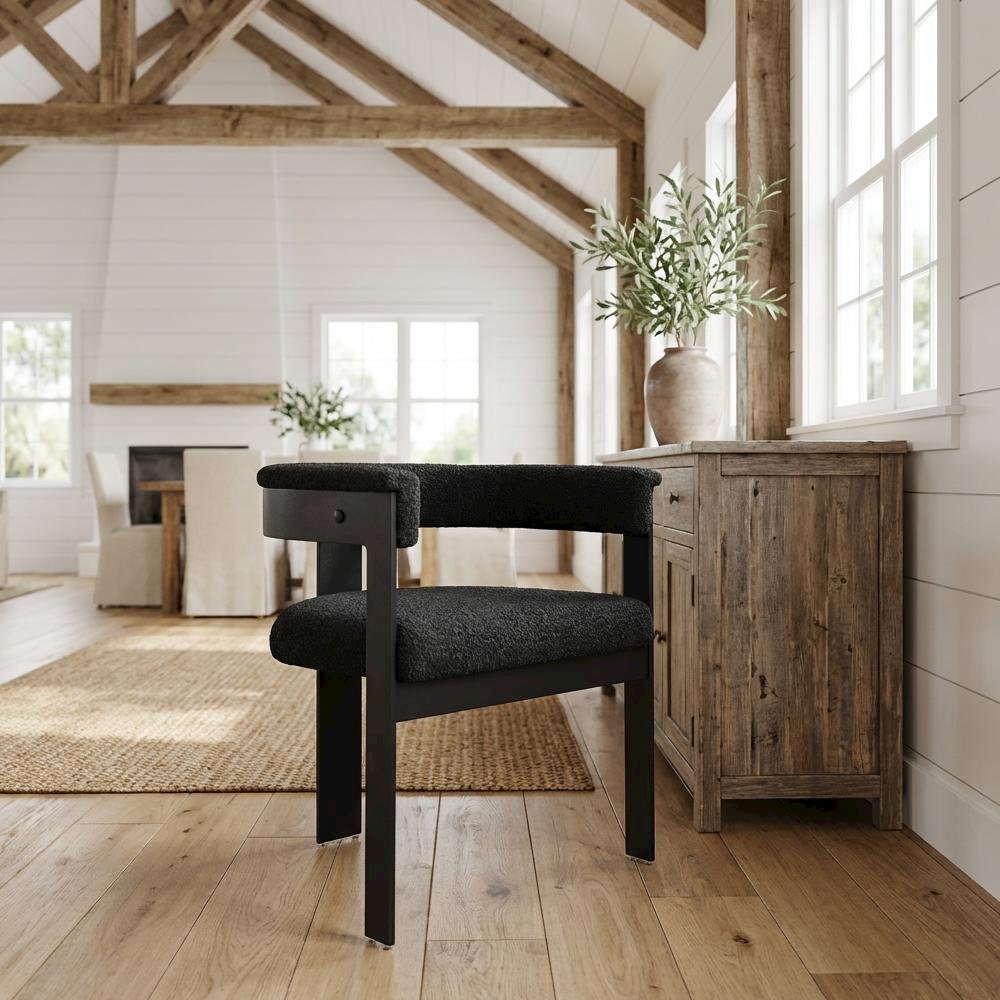 Matte Black Dining Chairs, Set of 2, Boucle Fabric Upholstery with Armrests