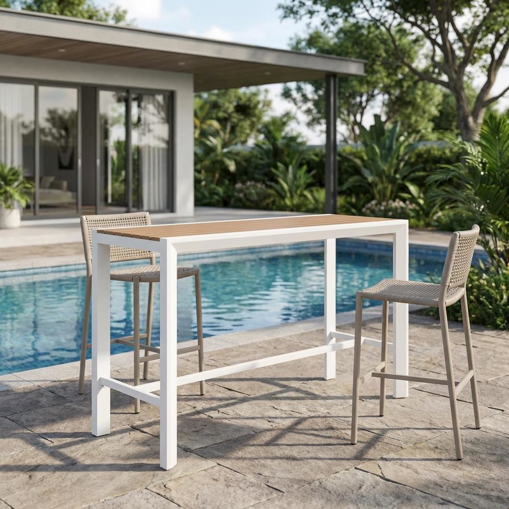 Brown Wood Look Outdoor Patio Table With Aluminum Frame And Contemporary Style