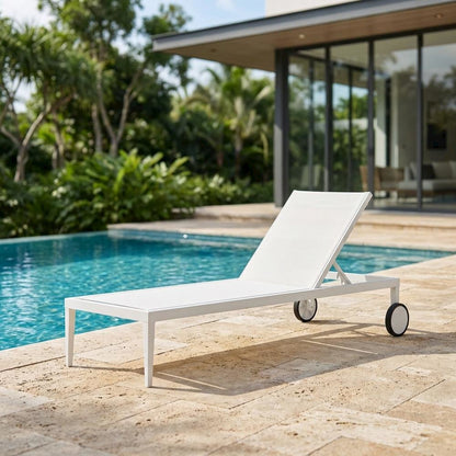 White Mesh Fabric Outdoor Patio Chaise Lounge Chair With Contemporary Style