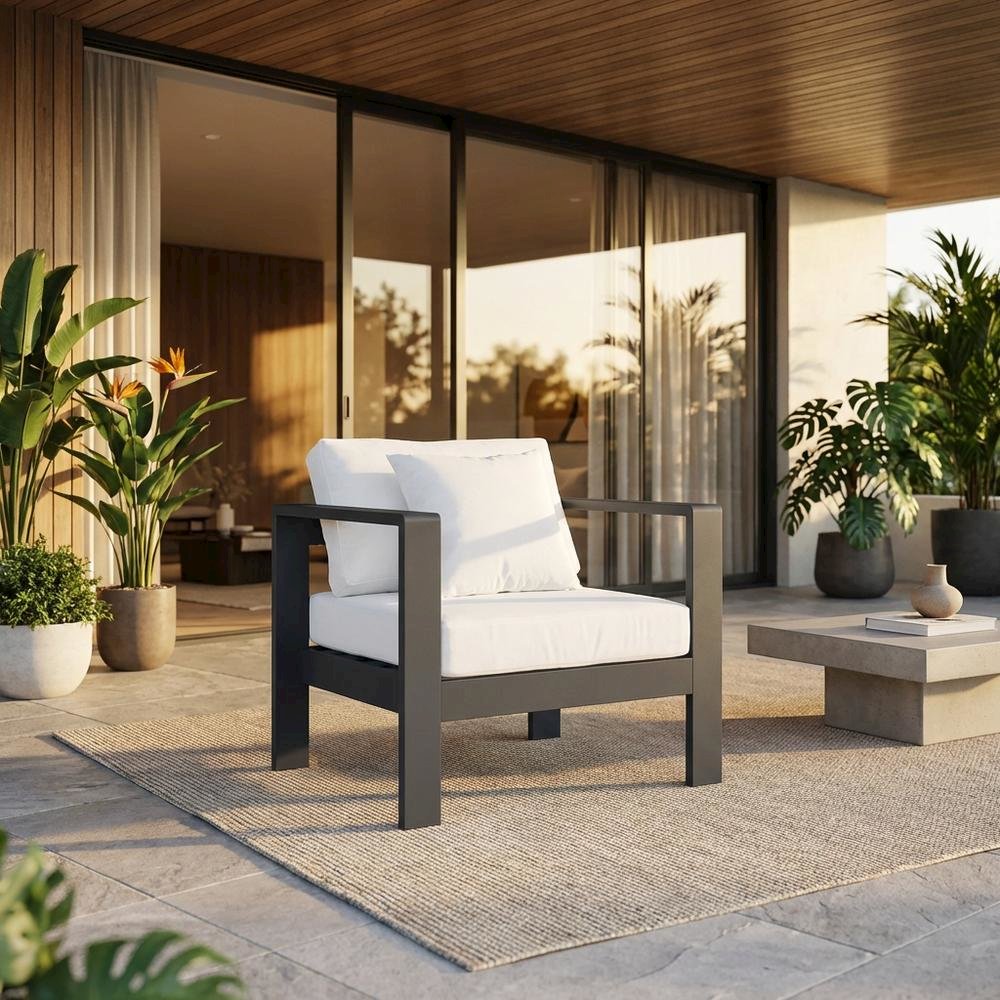 White Fabric Outdoor Patio Aluminum Arm Chair With Contemporary Style