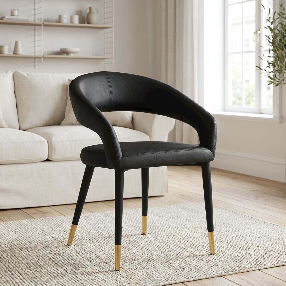 Gold Vegan Leather Dining Chair with Armrests and Contemporary Design
