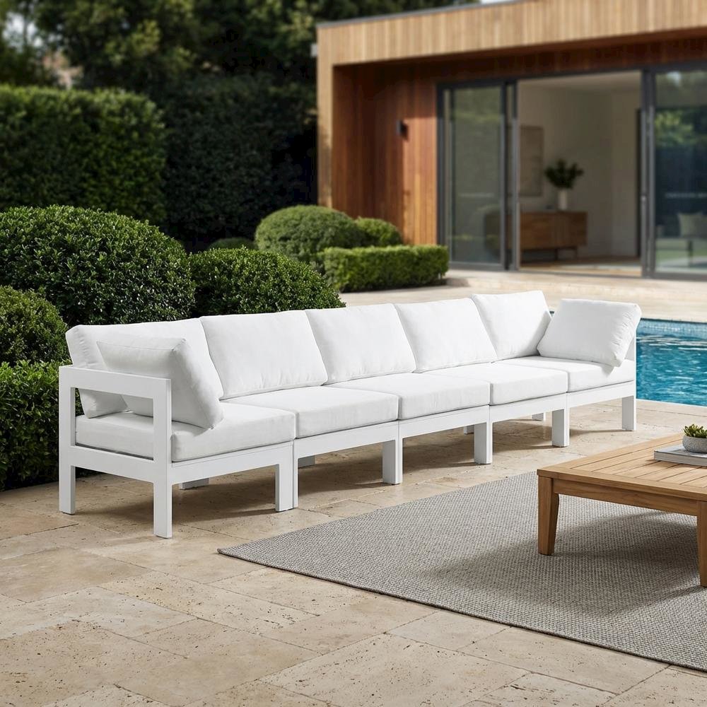 White Fabric Outdoor Patio Modular Sofa, Contemporary Style, Comfortable Back