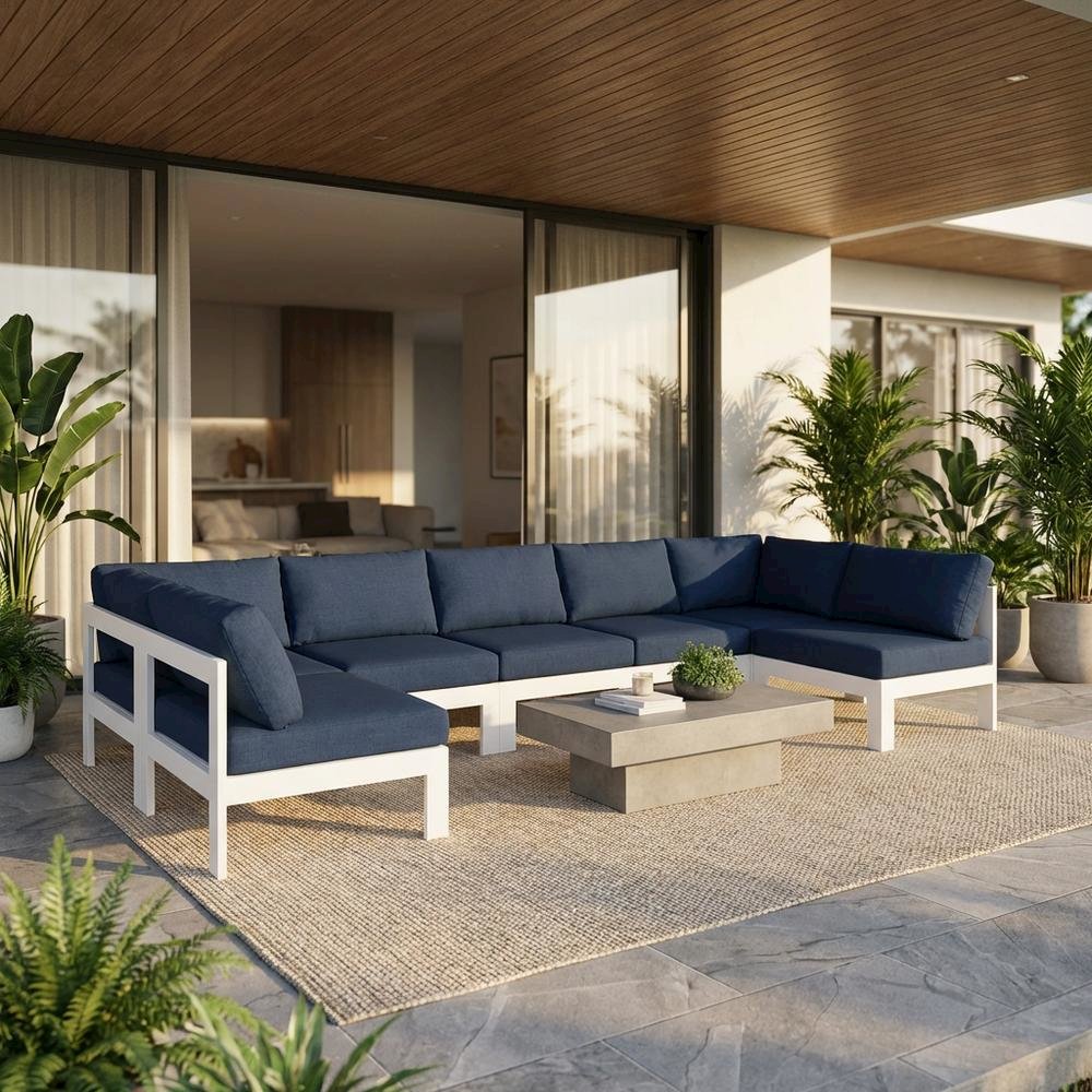 Navy Fabric Outdoor Patio Sectional Sofa, Cushioned Seating, Contemporary Style