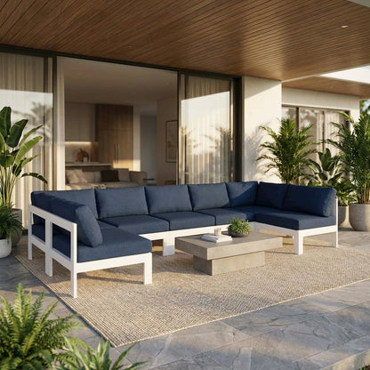 Navy Fabric Outdoor Patio Sectional Sofa, Cushioned Seating, Contemporary Style