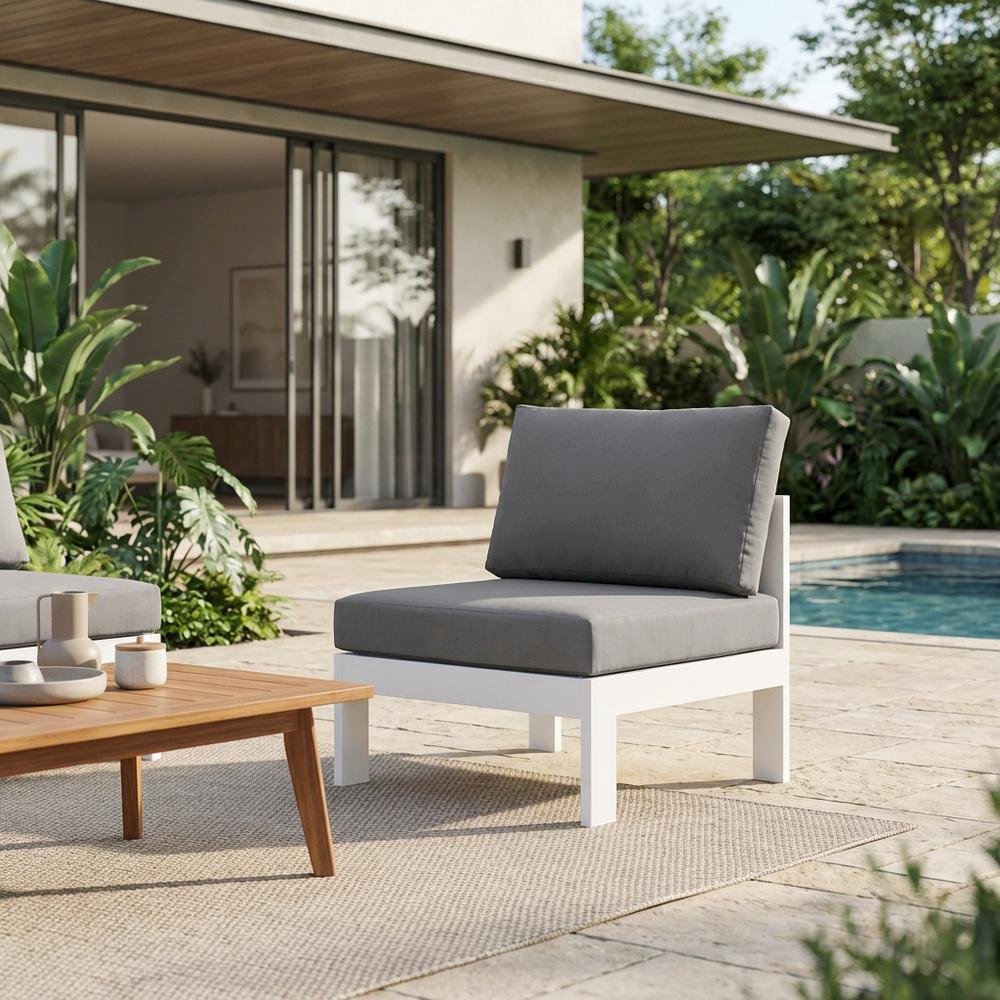 Gray Outdoor Patio Armless Aluminum Chair With Cushioned Seat