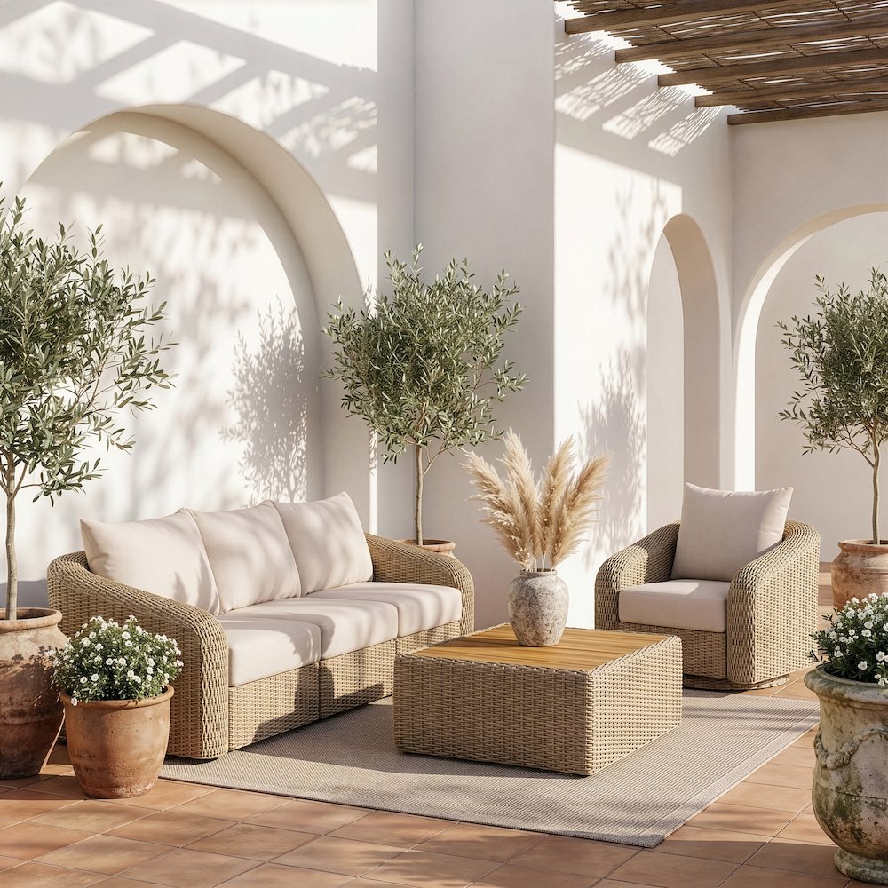 Seacrest 120.25" Beige Olefin And Wicker 3pc. Outdoor Patio Modular Sofa