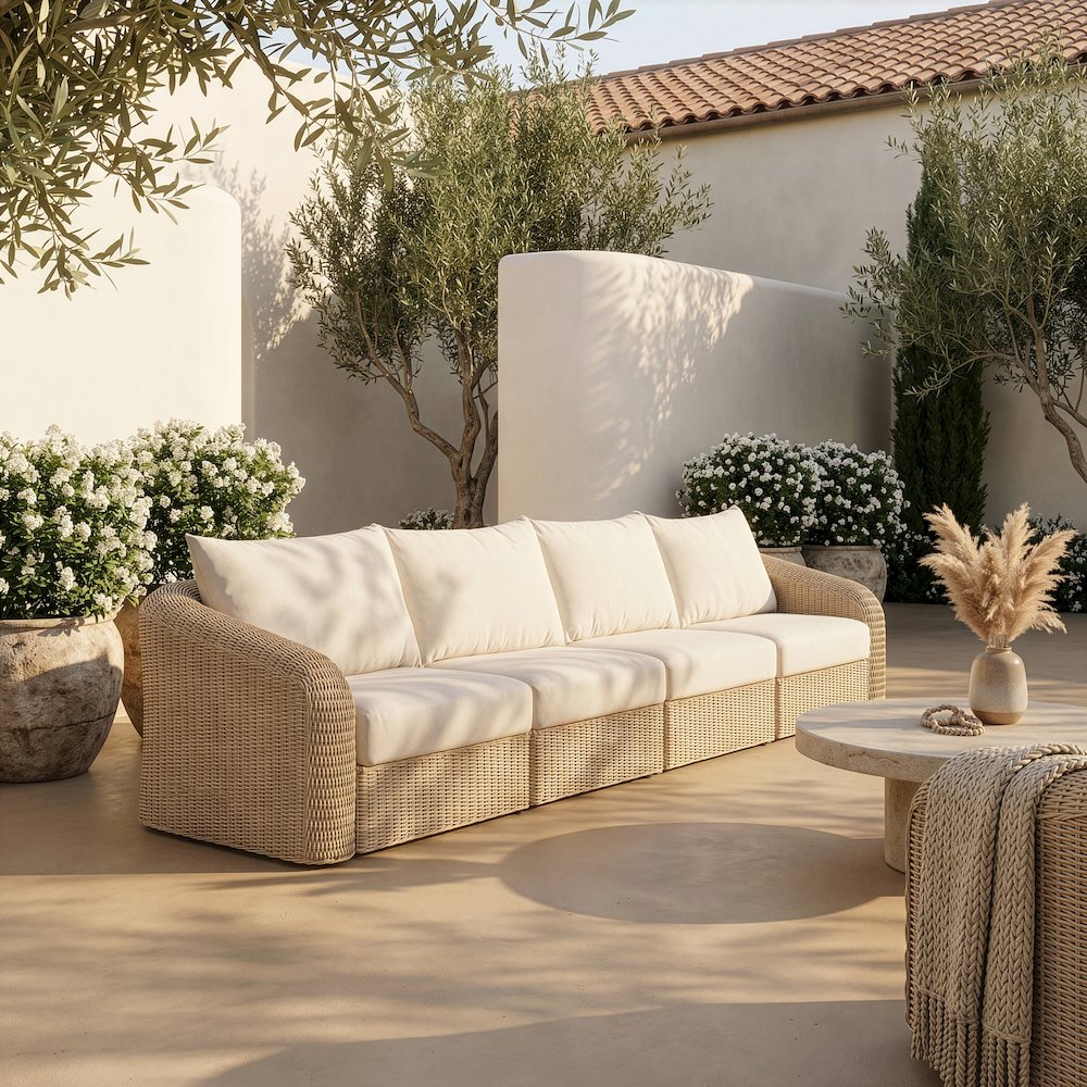 Seacrest 155.25" Beige Olefin And Wicker 4pc. Outdoor Patio Modular Sofa