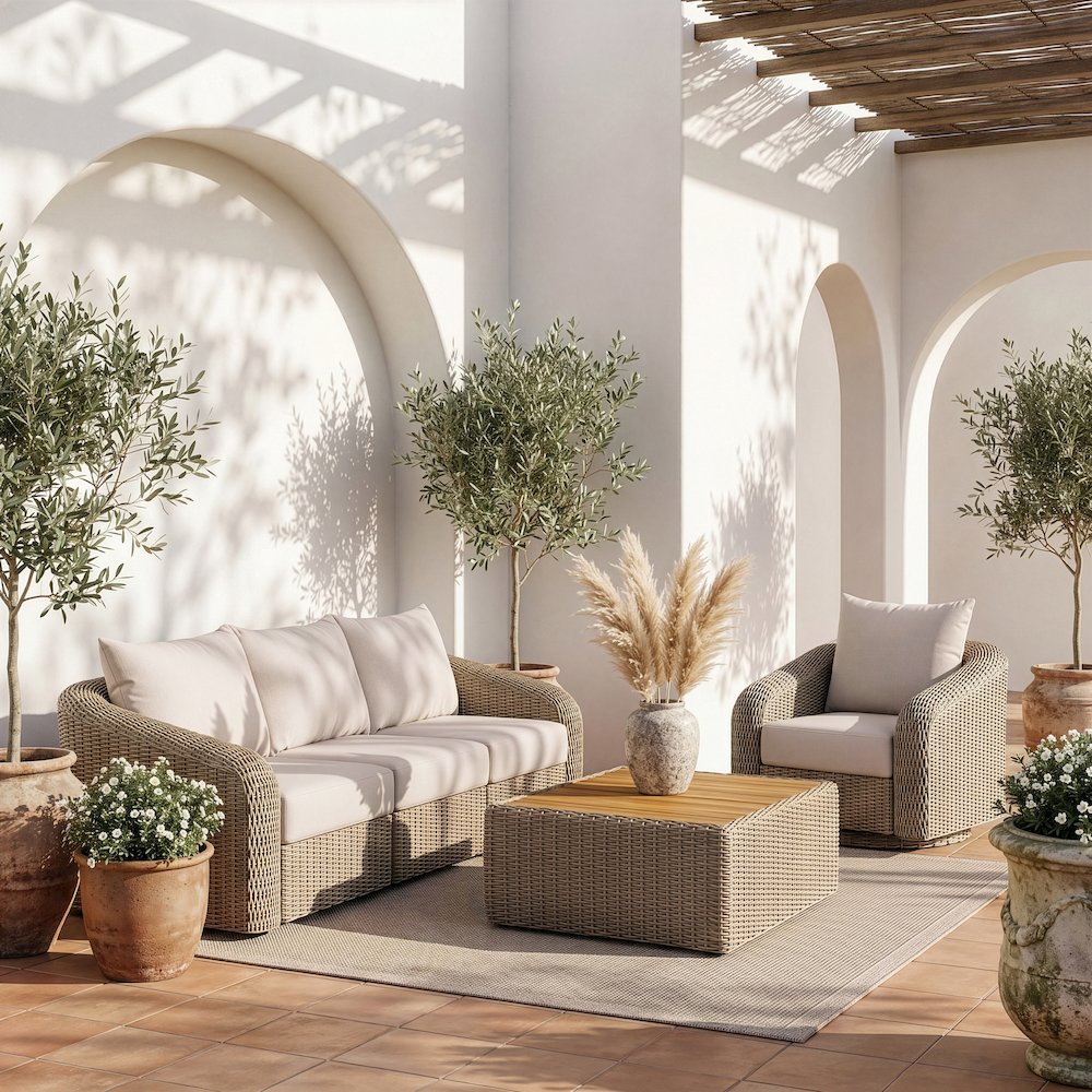 Seacrest 120.25" Cream Olefin And Wicker 3pc. Outdoor Patio Modular Sofa