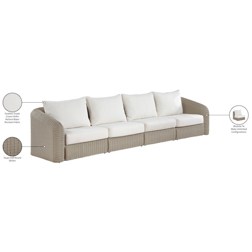 Seacrest 155.25" Cream Olefin And Wicker 4pc. Outdoor Patio Modular Sofa