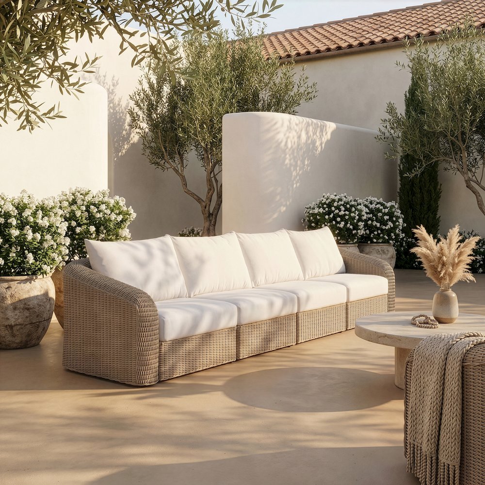 Seacrest 155.25" Cream Olefin And Wicker 4pc. Outdoor Patio Modular Sofa