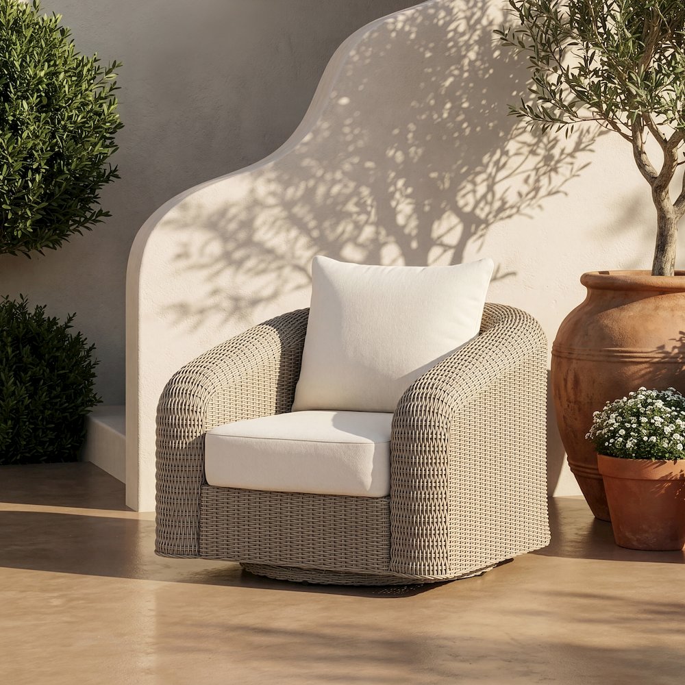 Seacrest Cream Olefin And Wicker Outdoor Patio Swivel Chair