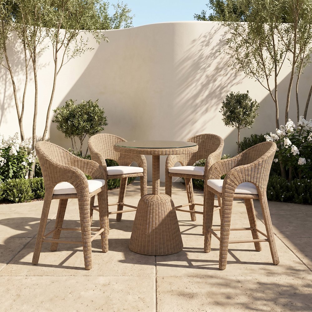 Seacrest Natural Olefin Water Resistant Fabric, Wicker Outdoor Patio Bar Stool