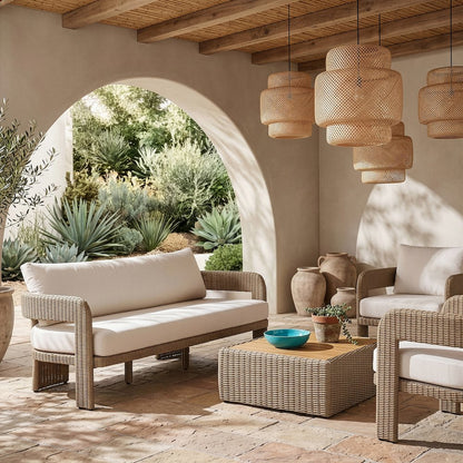 Sandbay 83.5" Beige Olefin Water Resistant Fabric And Wicker Outdoor Patio Sofa