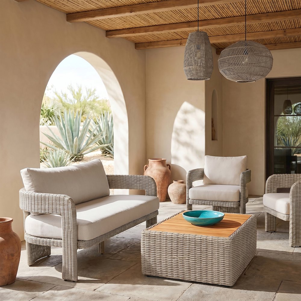 Sandbay 61.5" Cream Olefin Water Resistant Fabric Wicker Outdoor Patio Loveseat