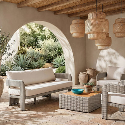 Sandbay 83.5" Cream Olefin Water Resistant Fabric And Wicker Outdoor Patio Sofa