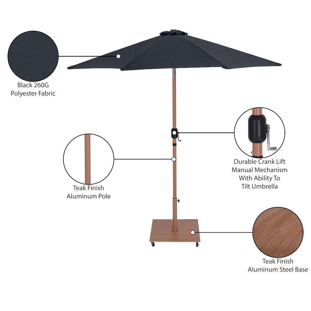 Fiji Black Fabric / Teak Aluminum Patio Umbrella with Base Sets