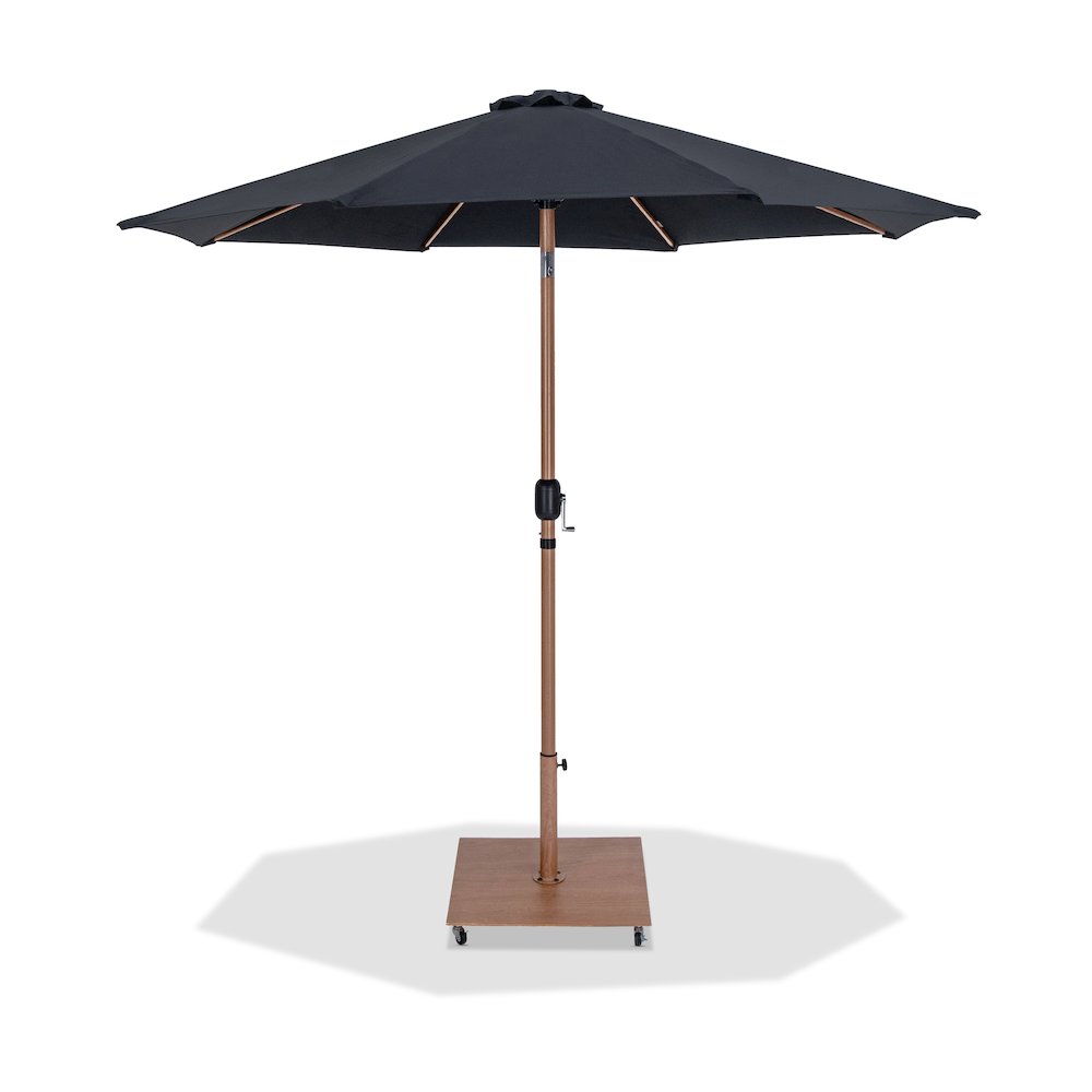 Fiji Black Fabric / Teak Aluminum Patio Umbrella with Base Sets