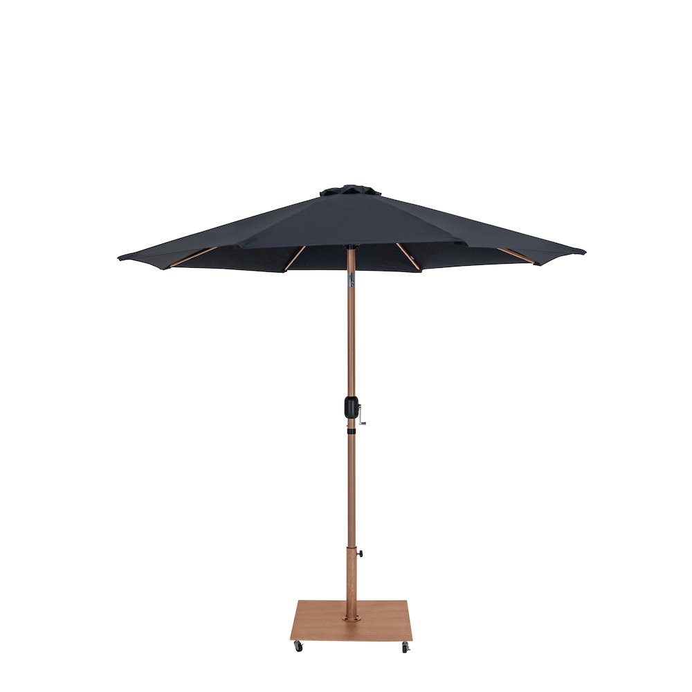 Fiji Black Fabric / Teak Aluminum Patio Umbrella with Base Sets