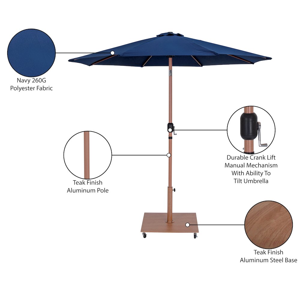 Fiji Navy Fabric / Teak Aluminum Patio Umbrella with Base Sets