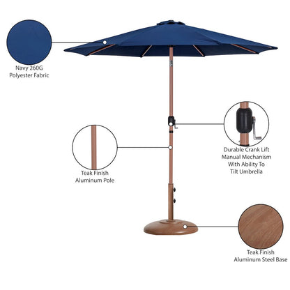 Fiji Navy Fabric / Teak Aluminum Patio Umbrella with Base Sets