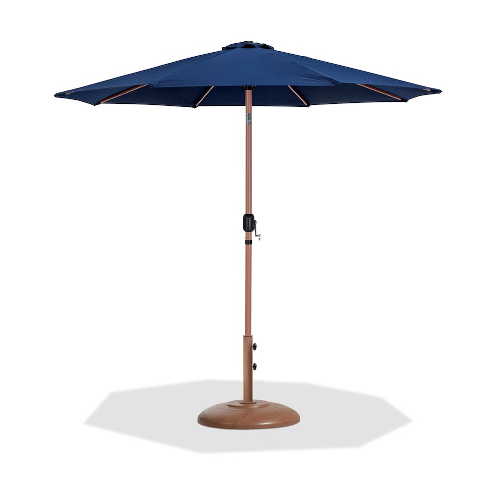 Fiji Navy Fabric / Teak Aluminum Patio Umbrella with Base Sets