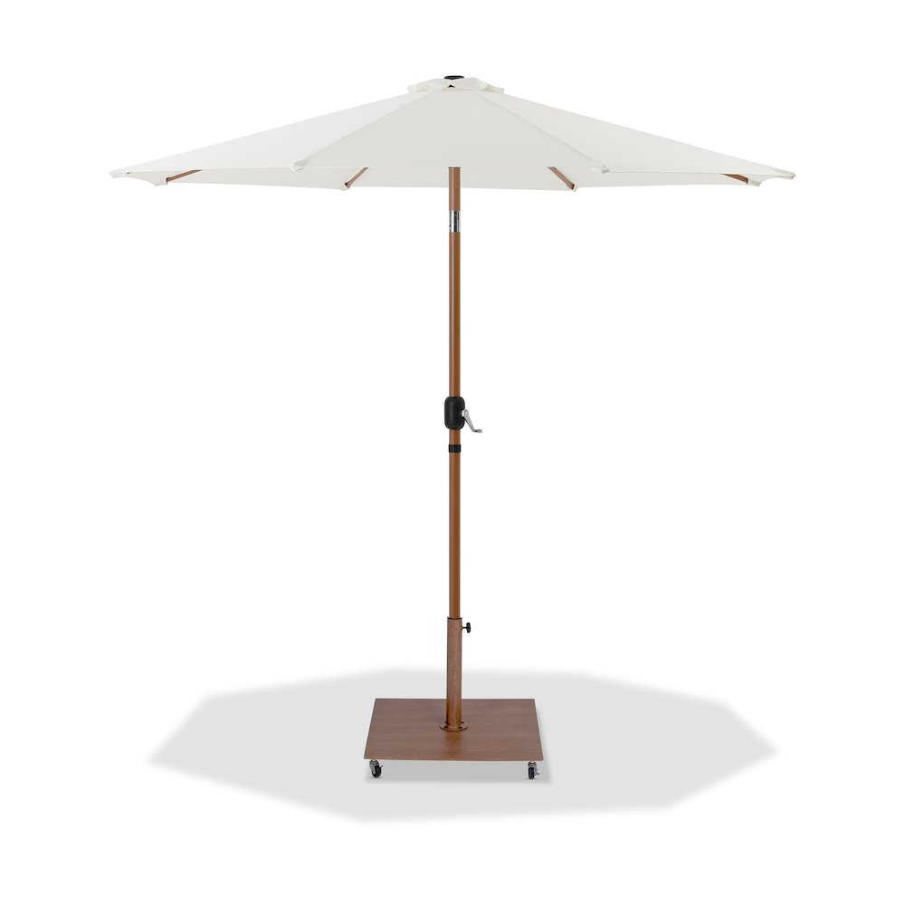 Fiji White Fabric / Teak Aluminum Patio Umbrella with Base Sets