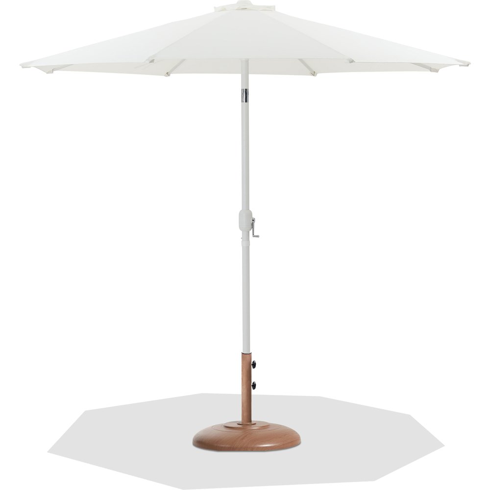 Fiji White Fabric / Teak Aluminum Patio Umbrella with Base Sets