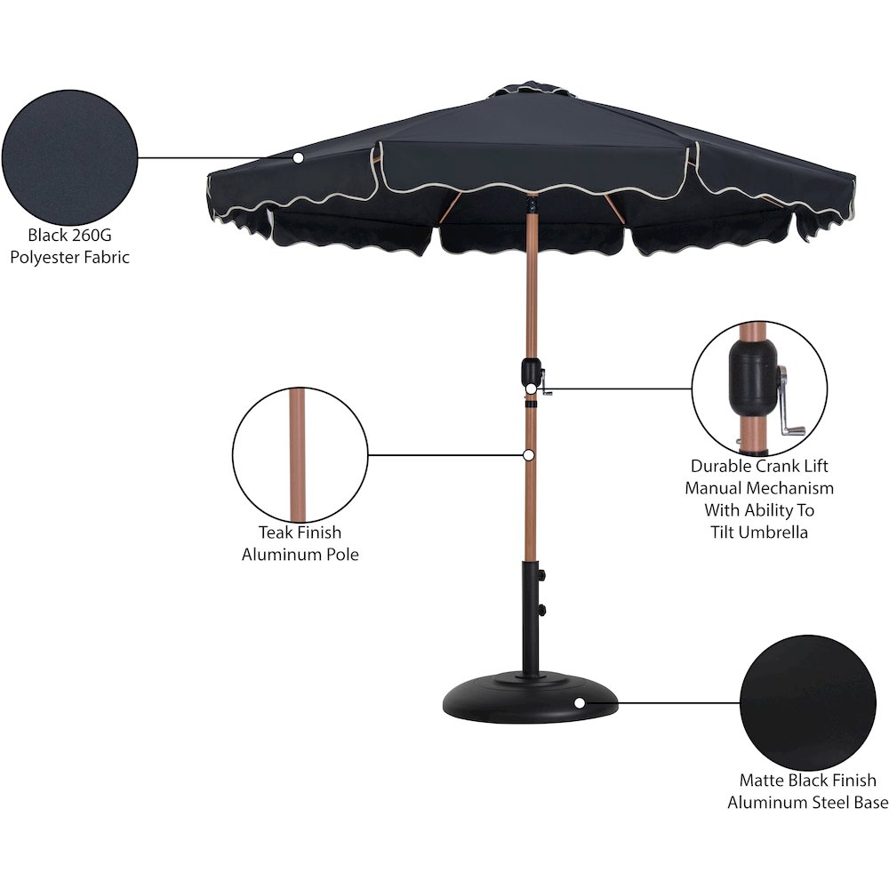 Amalfi Black With Cream Piping / Matte Black Metal Patio Umbrella with Base Sets