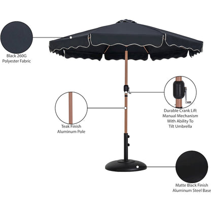 Amalfi Black With Cream Piping / Matte Black Metal Patio Umbrella with Base Sets