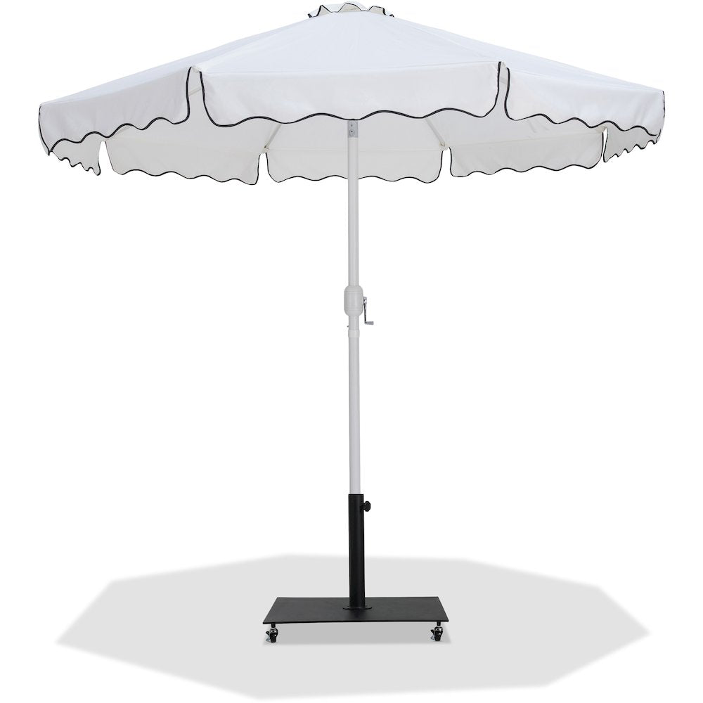 Amalfi White With Black Piping / Matte Black Metal Patio Umbrella with Base Sets