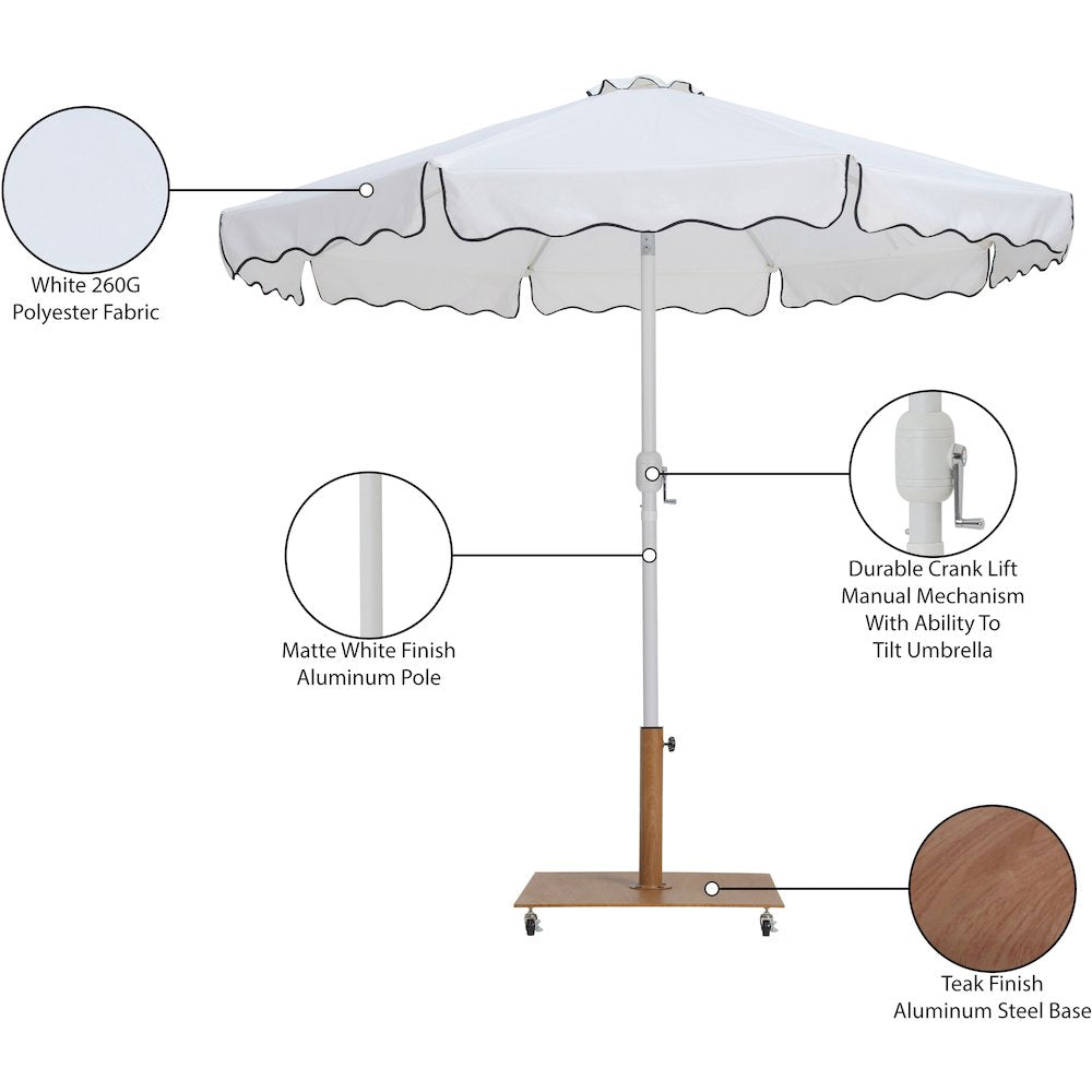 Amalfi White With Black Piping / Teak Metal Patio Umbrella with Base Sets
