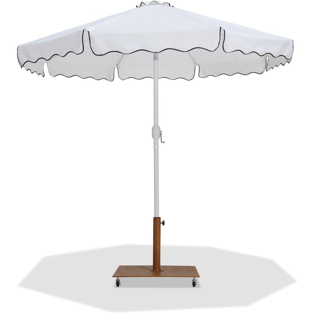 Amalfi White With Black Piping / Teak Metal Patio Umbrella with Base Sets