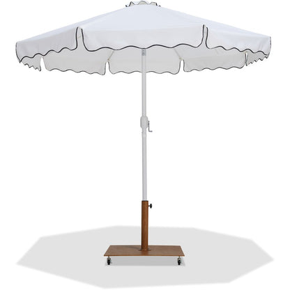 Amalfi White With Black Piping / Teak Metal Patio Umbrella with Base Sets
