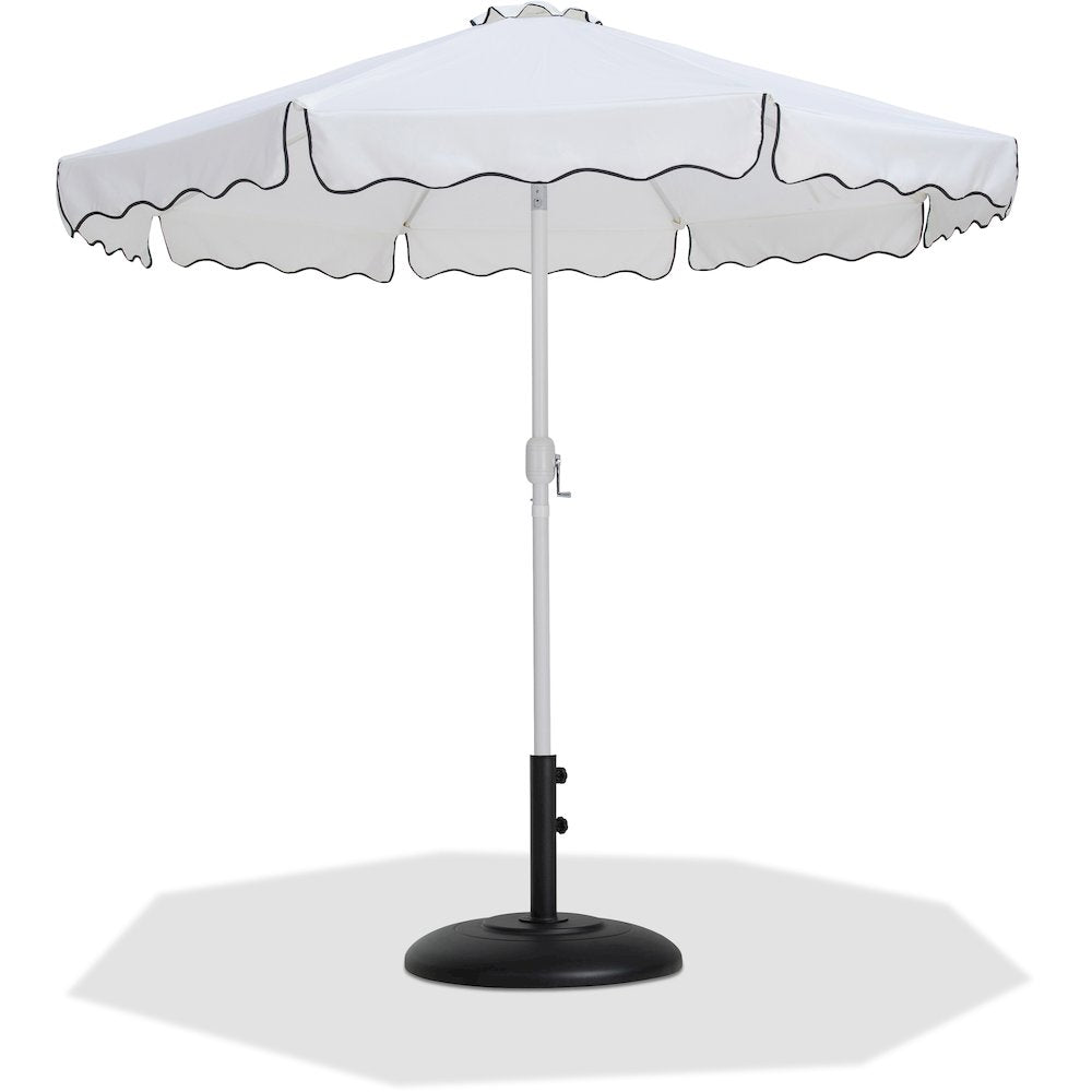 Amalfi White With Black Piping / Matte Black Metal Patio Umbrella with Base Sets