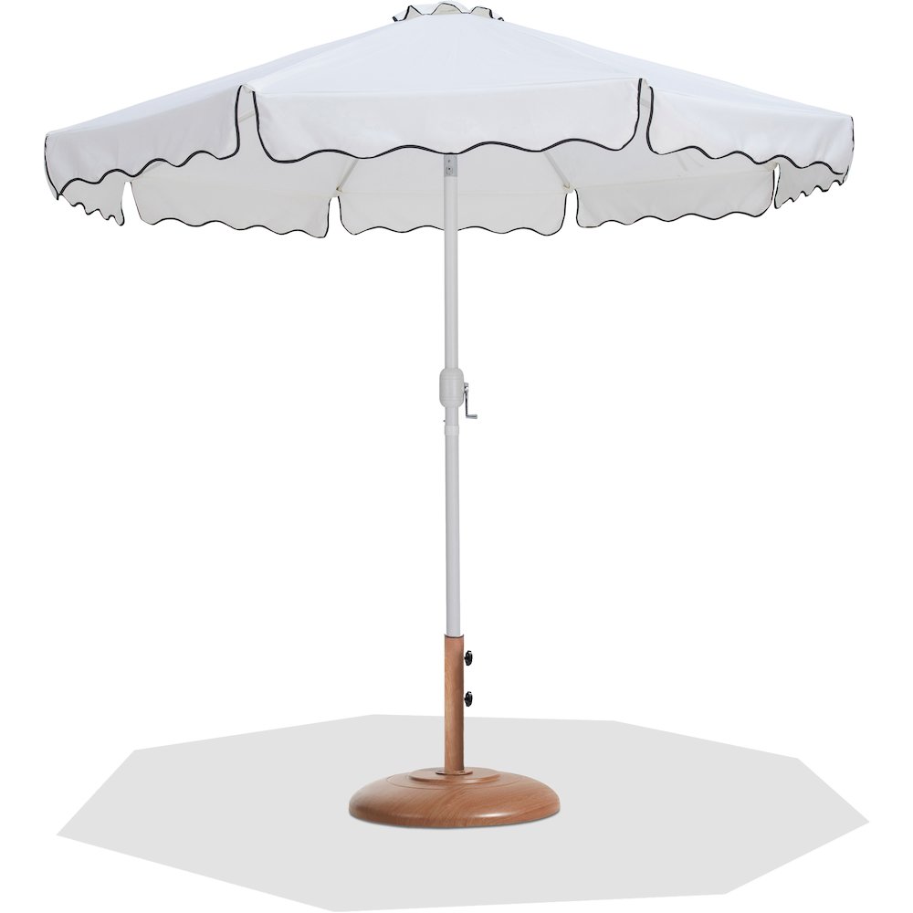 Amalfi White With Black Piping / Teak Metal Patio Umbrella with Base Sets