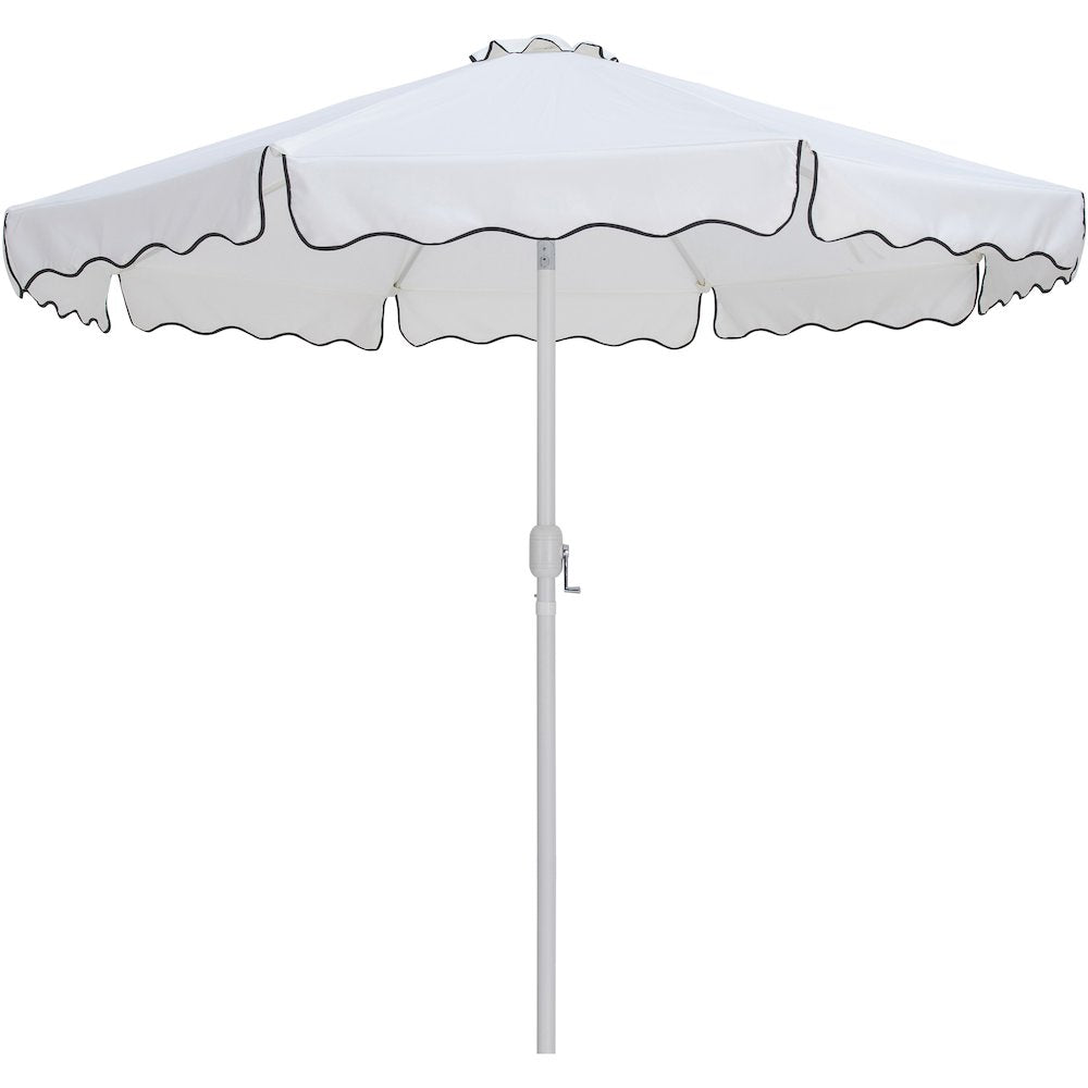 Amalfi White With Black Piping / Teak Metal Patio Umbrella with Base Sets